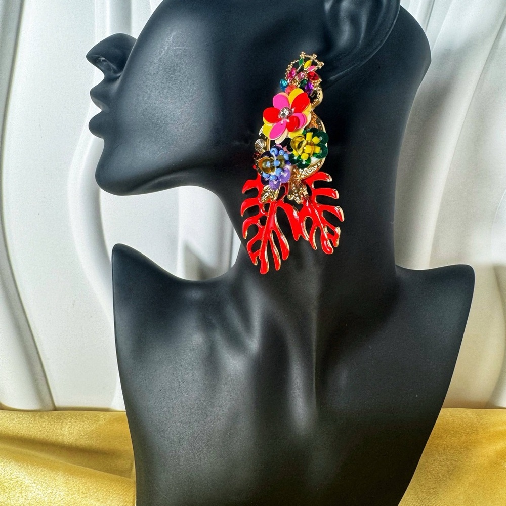 Floral Red Statement Earrings - image 2